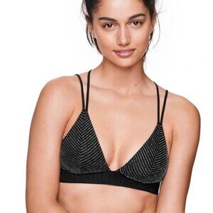 EUC VS PINK Black Mesh Silver Metallic Strappy Back Triangle Bralette